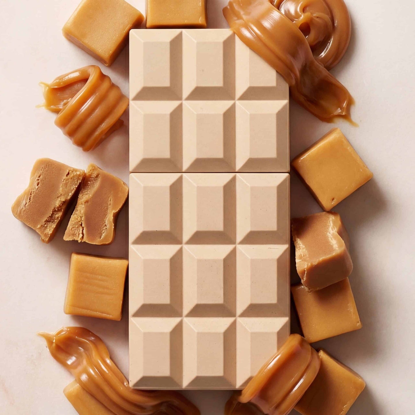 Rich caramel soap with smooth textures and creamy swirls, surrounded by caramel candies and chunks. Perfect for caramel-scented skincare.