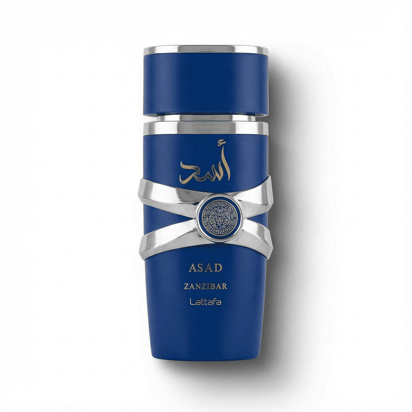 Luxurious blue bottle of Asad Zanzibar Attar with elegant silver accents and Arabic calligraphy.