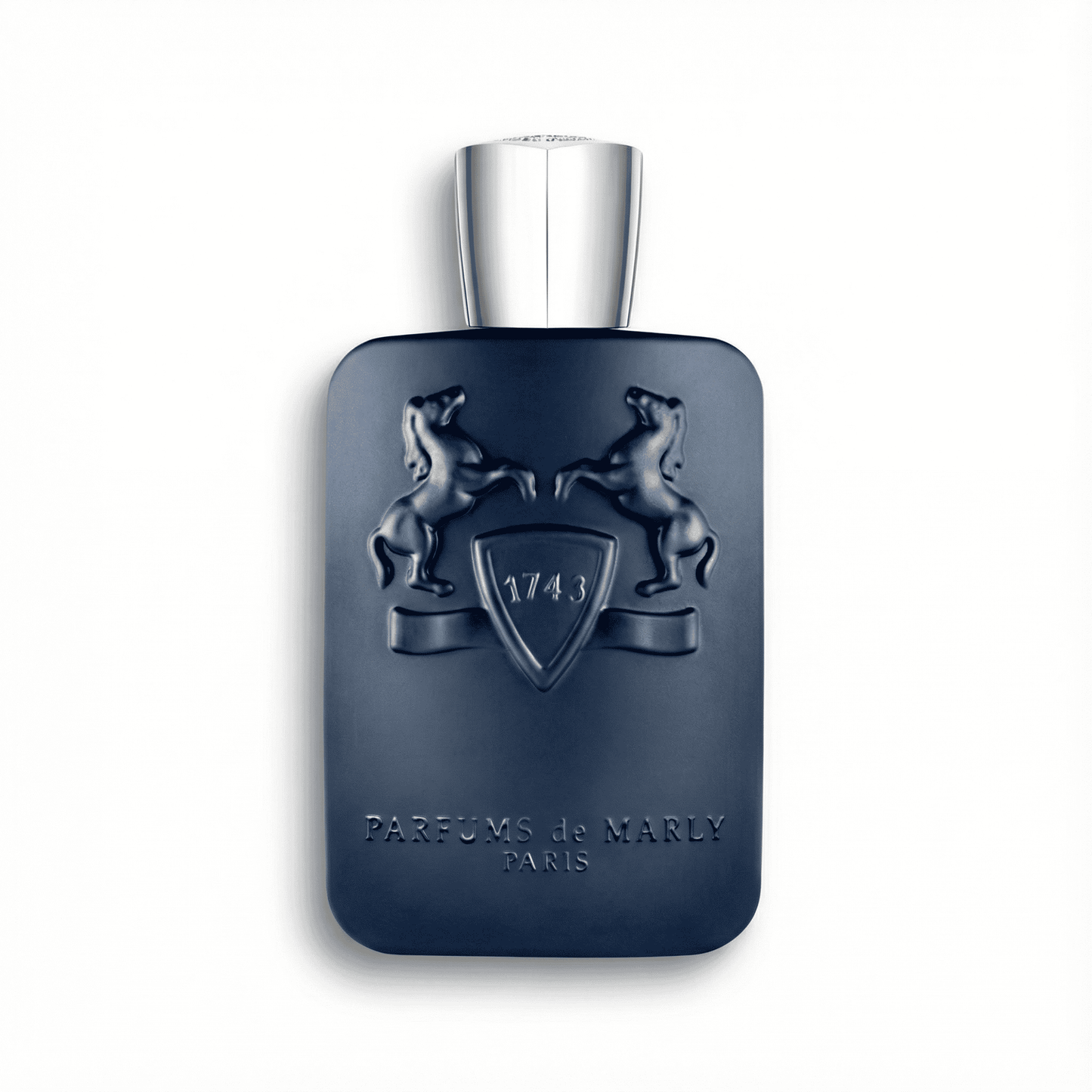 Luxurious men's perfume bottle with embossed crest design and sleek navy finish.