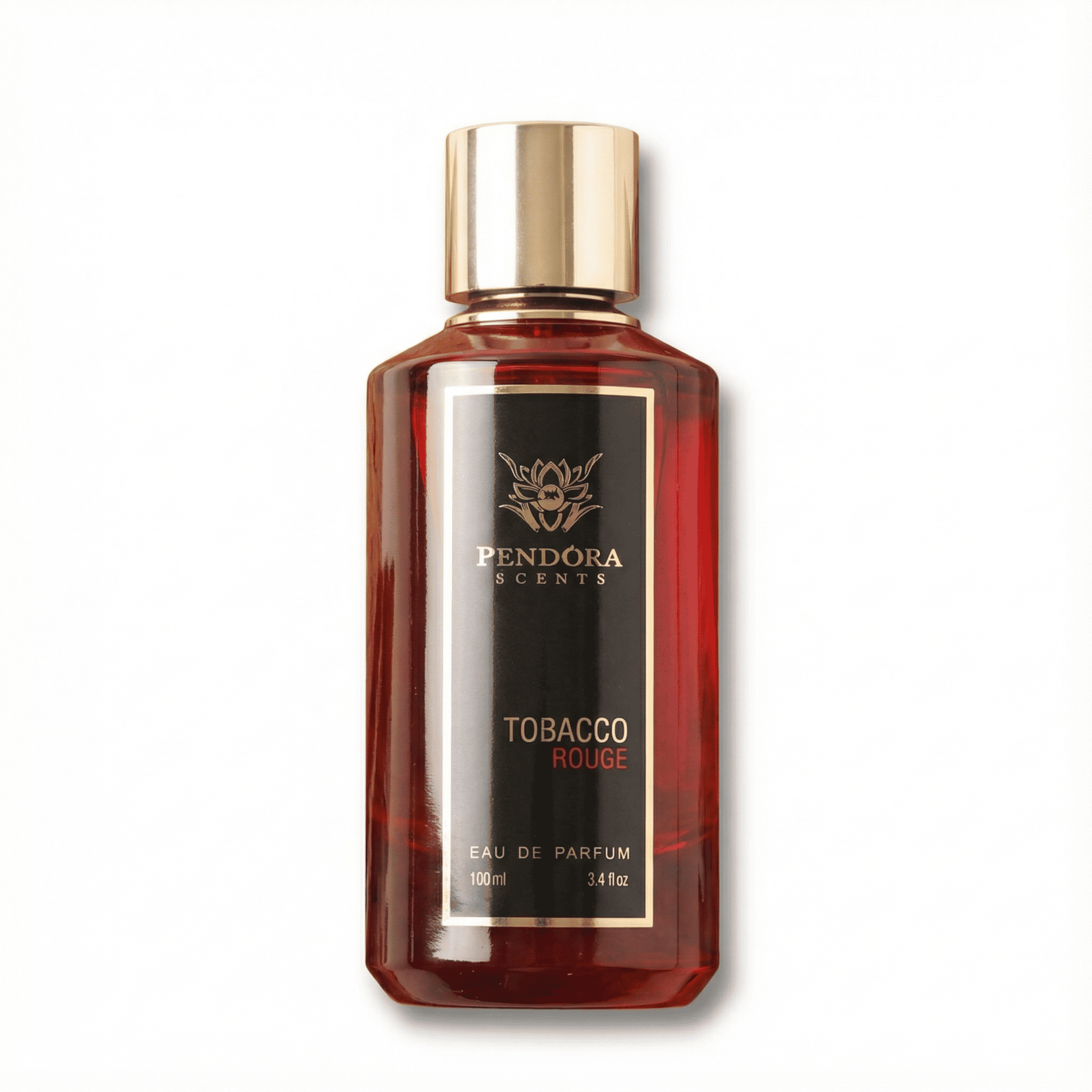 Luxurious Tobacco Rouge perfume by PENDORA SCENTS in a sleek red bottle, perfect for elegant fragrance lovers.