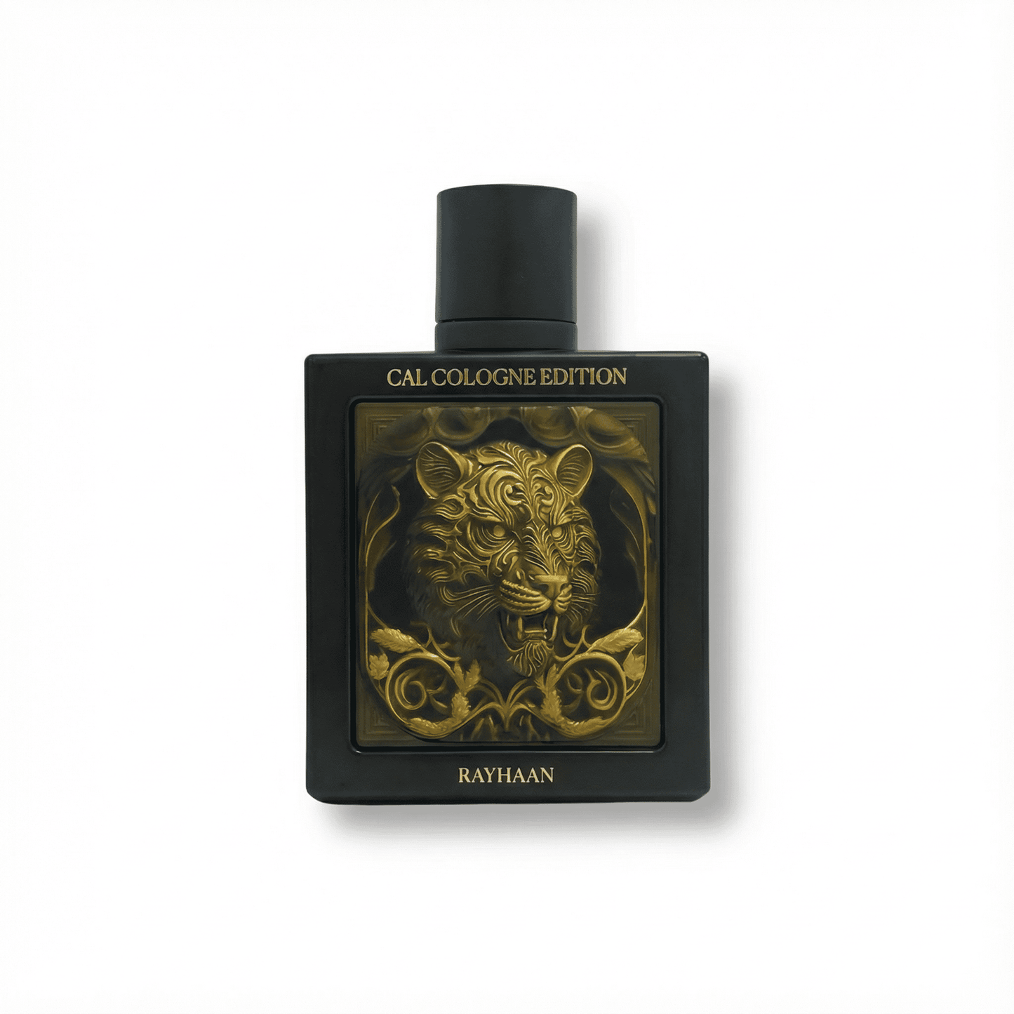 Luxurious black perfume bottle with gold lion design, premium fragrance by Rayhaan.
