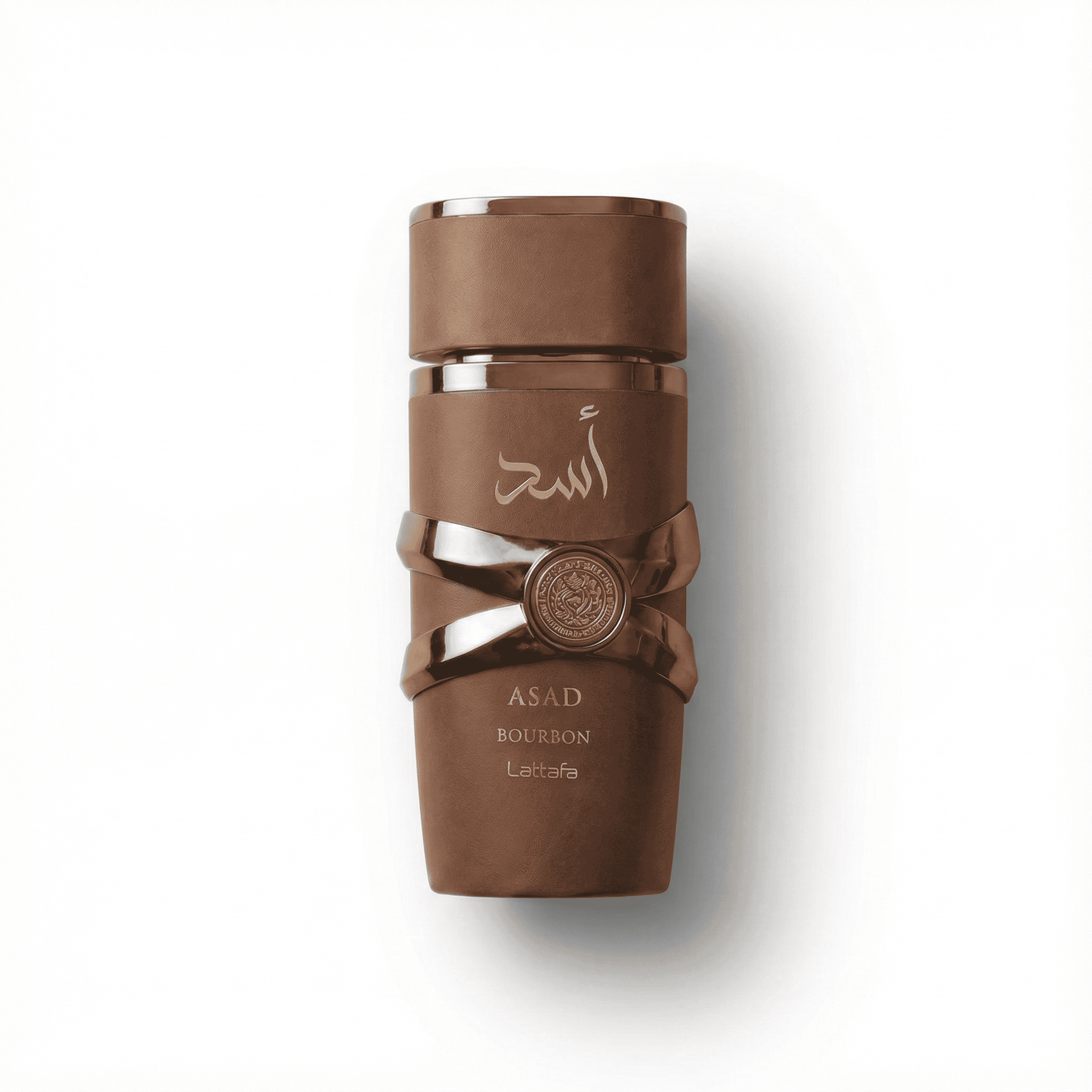 Intense Bourbon scent perfume bottle with elegant brown design and embossed details.