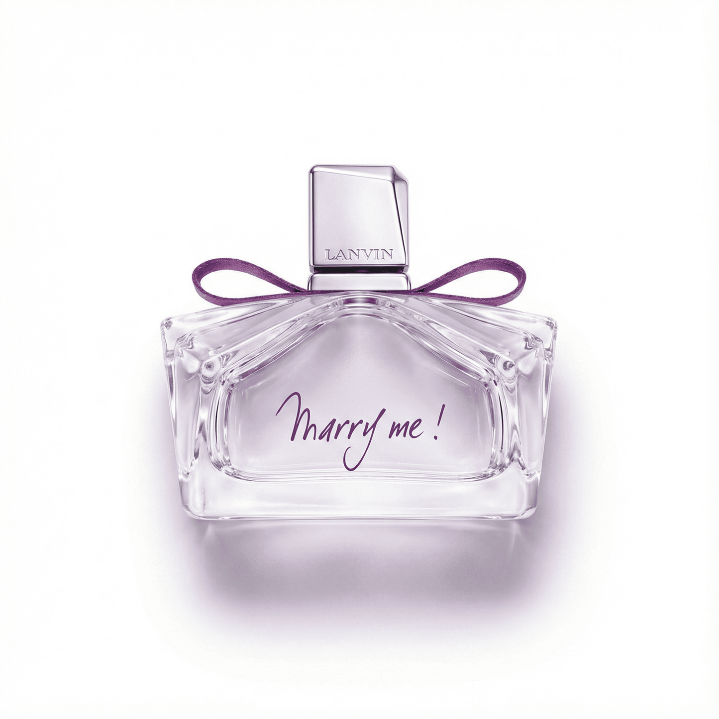 Enchanting perfume bottle with "Marry me!" message and purple ribbon for romantic gifting.