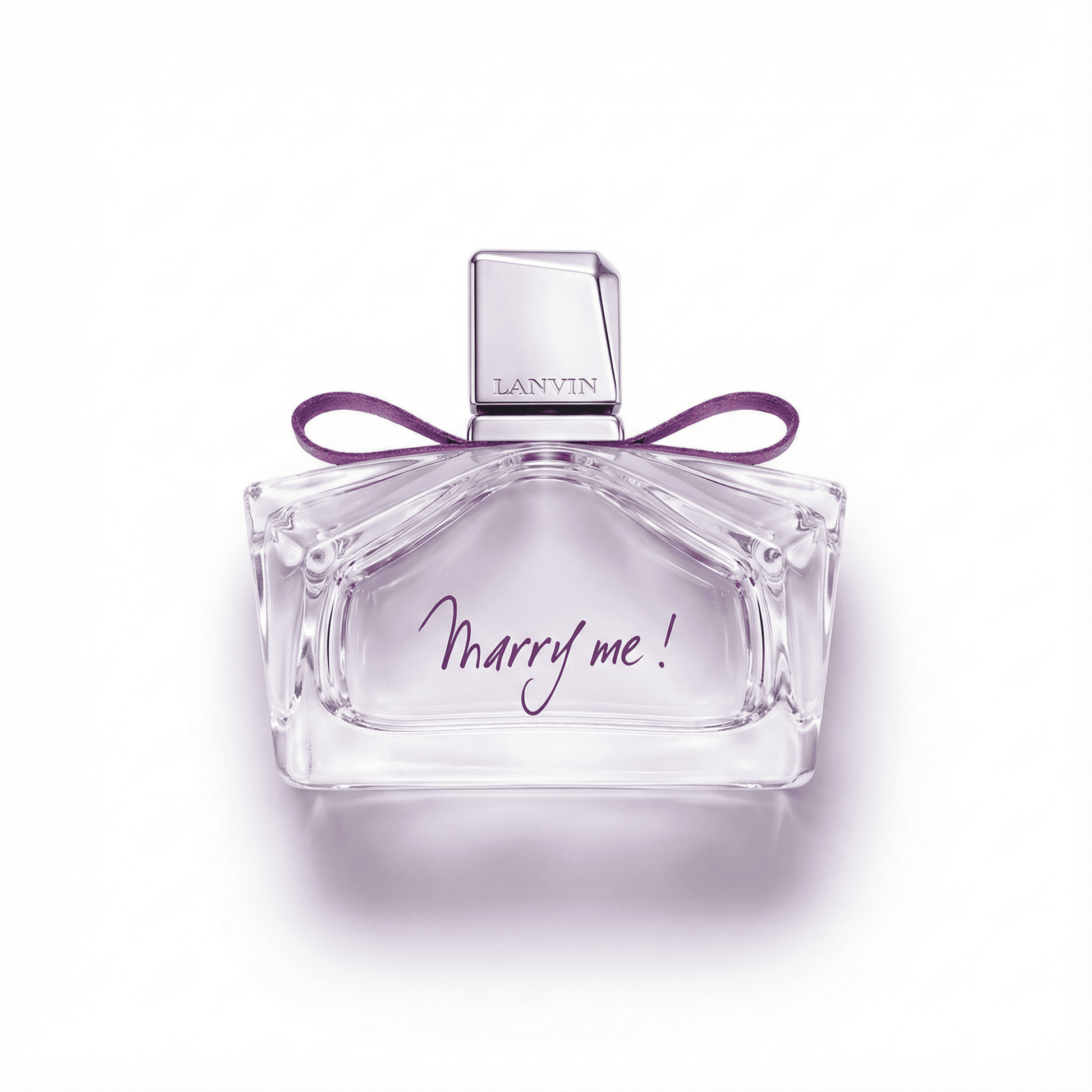 Enchanting perfume bottle with "Marry me!" message and purple ribbon for romantic gifting.