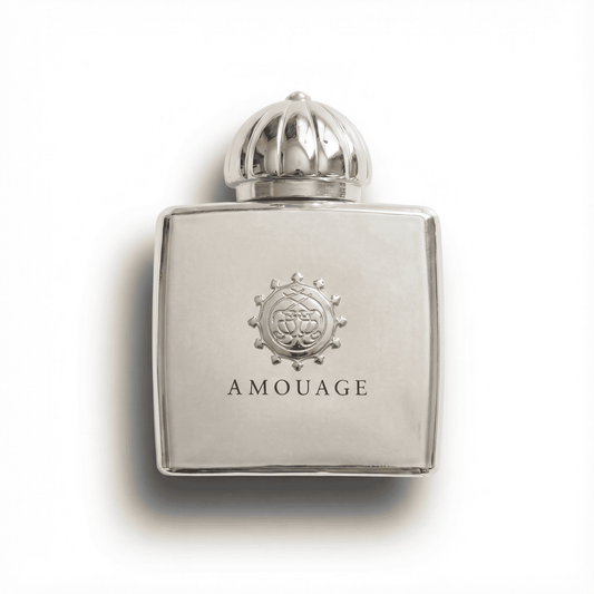 Luxurious silver perfume bottle with elegant branding and design.