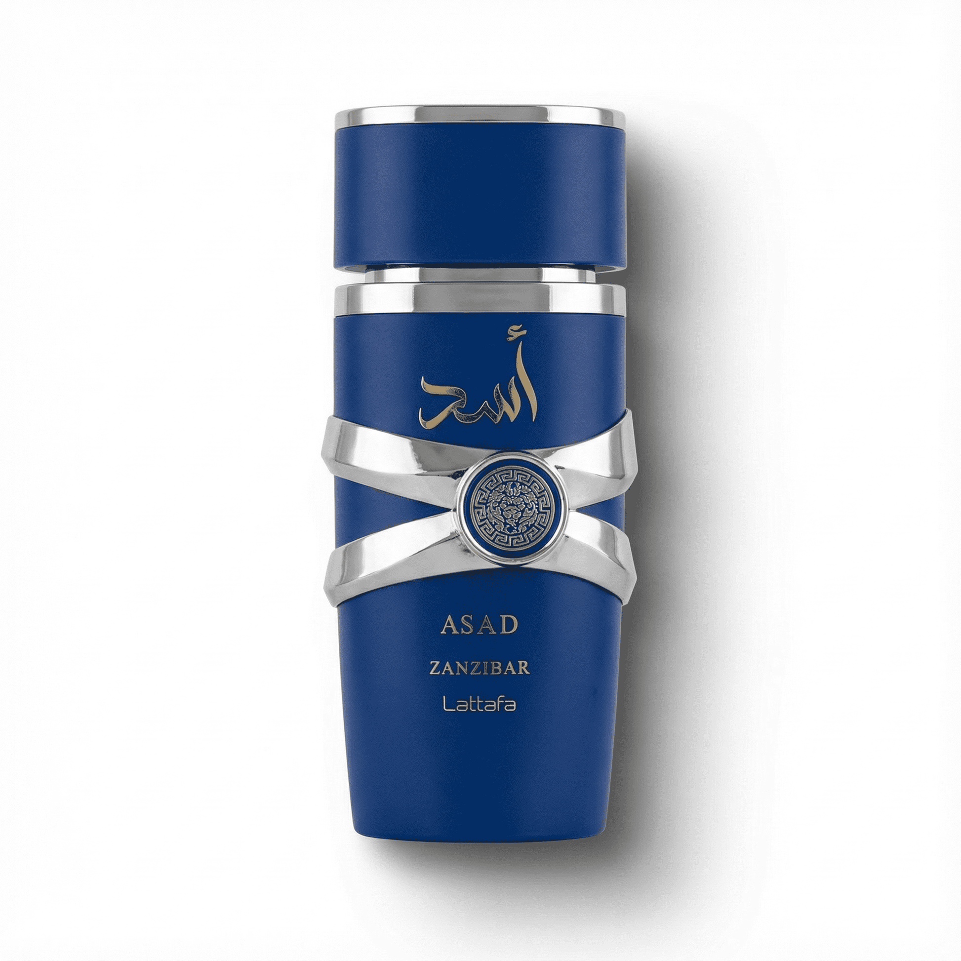 Luxurious blue bottle of Asad Zanzibar Attar with elegant silver accents and Arabic calligraphy.
