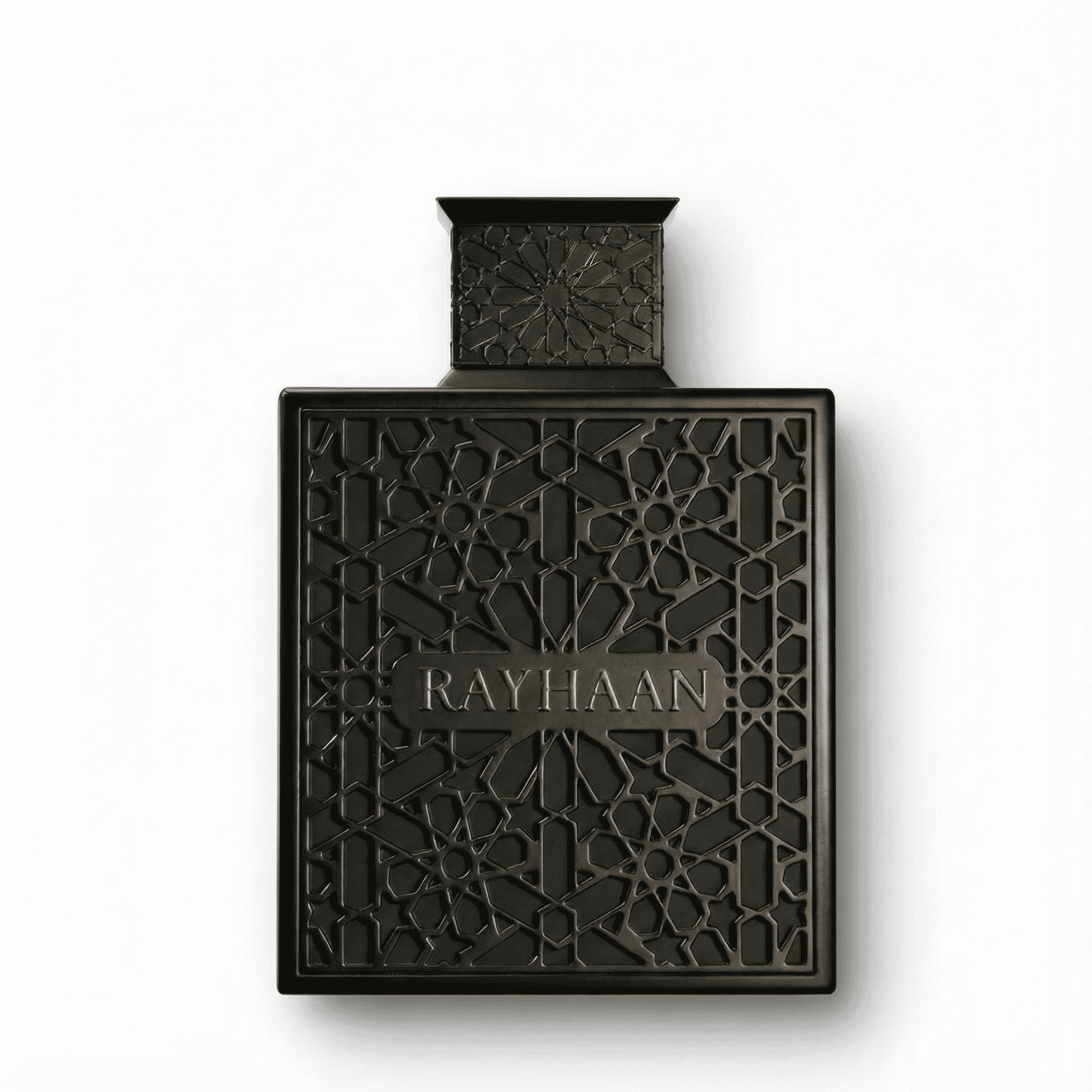 Elegant black perfume bottle with intricate geometric lattice design, featuring the brand name Rayhaan.