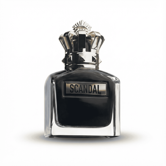Bold black perfume bottle labeled "SCANDAL" with a decorative crown cap, representing luxury fragrances.