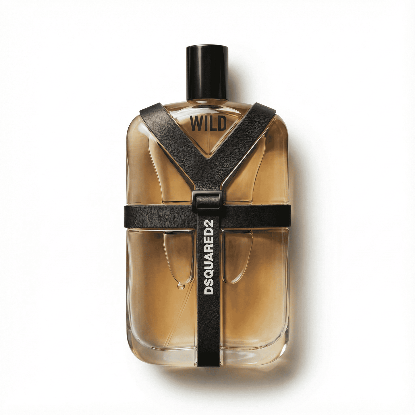 Aromatherapy fragrance bottle with bold black harness strap for a luxury scent experience.