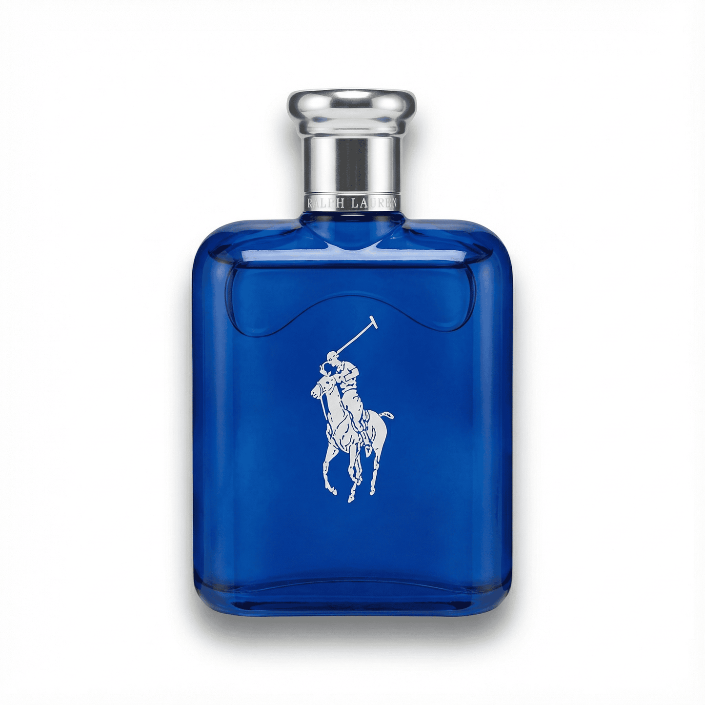 Rich blue Ralph Lauren Polo Blue fragrance bottle with silver cap, luxury men's perfume.