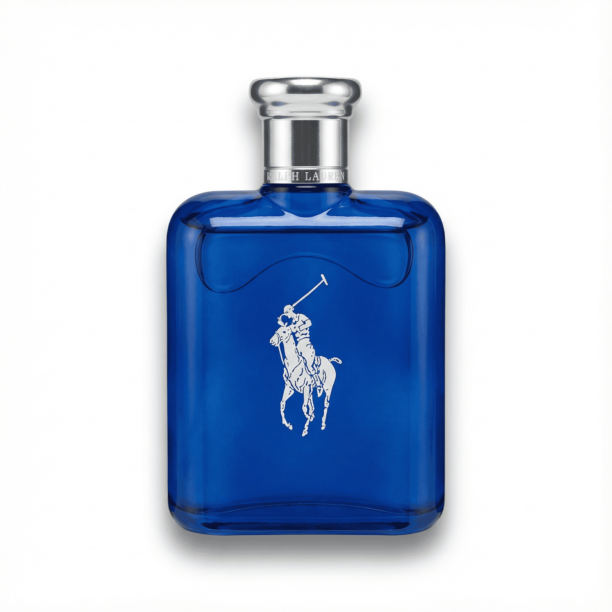Rich blue Ralph Lauren Polo Blue fragrance bottle with silver cap, luxury men's perfume.