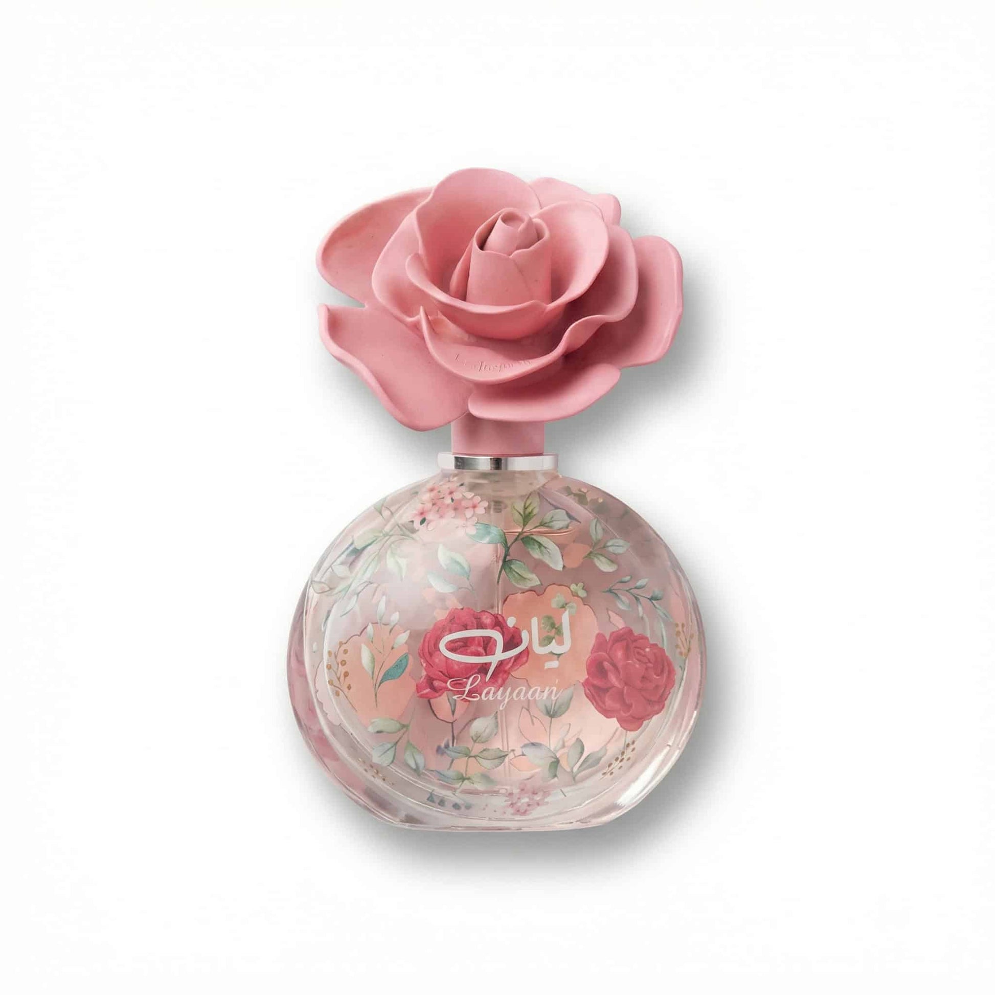 A pink bottle of Lattafa Layaan Eau de Parfum with white font labels