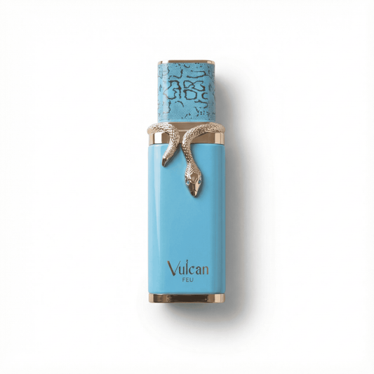 Vulcan FEU perfume bottle with a striking snake emblem in blue and gold accents.