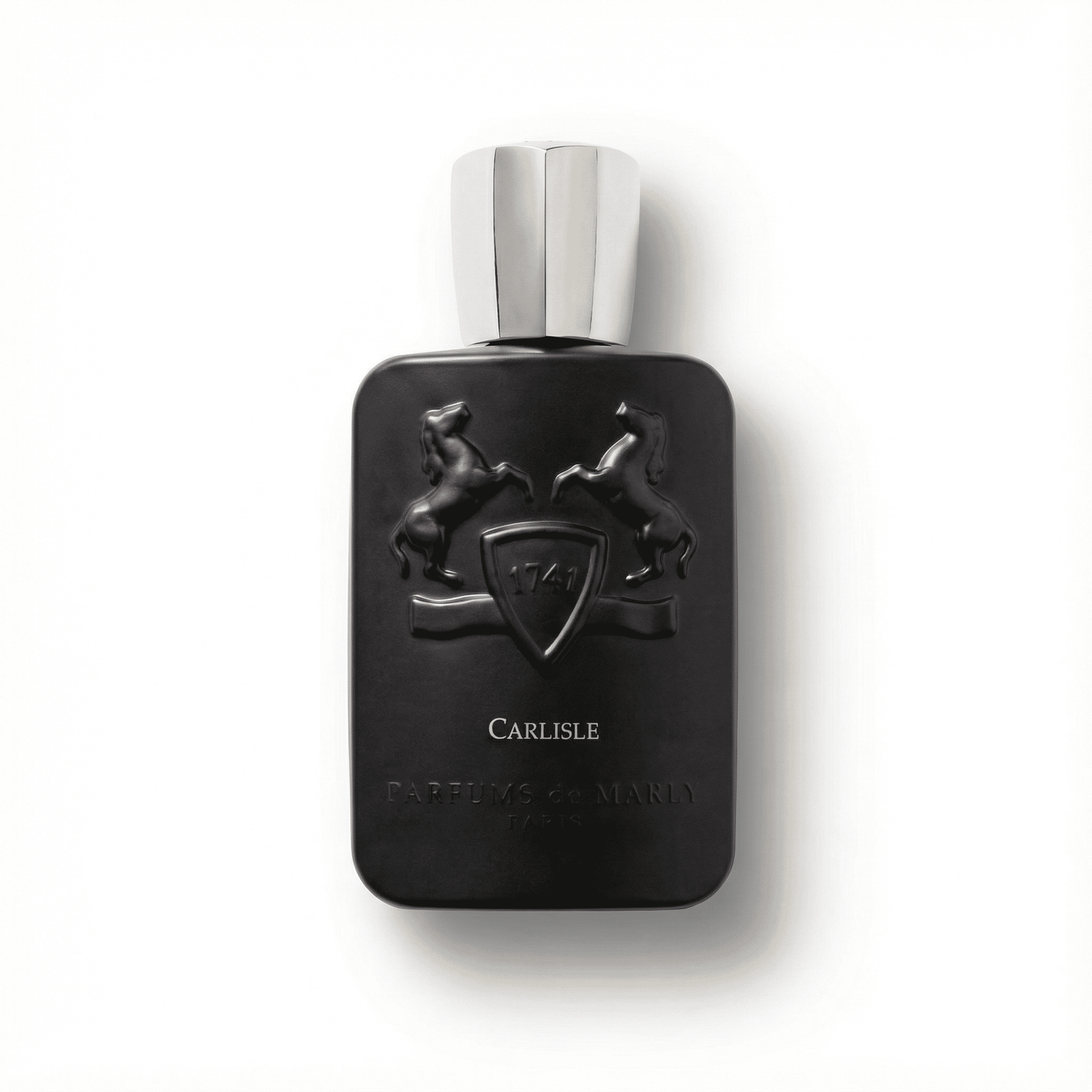 Elegant black perfume bottle with silver cap, featuring horse and crest design.