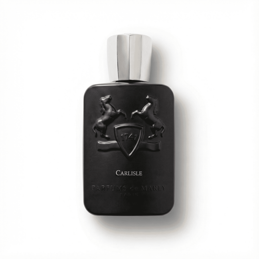 Elegant black perfume bottle with silver cap, featuring horse and crest design.